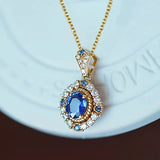 NECKLACE SAPPHIRE BLUE HALO TWO-TONE VINTAGE PENDANT | GOLD JEWELLERY