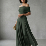 JUNI | OFF-SHOULDER DRAPED MIDI DRESS