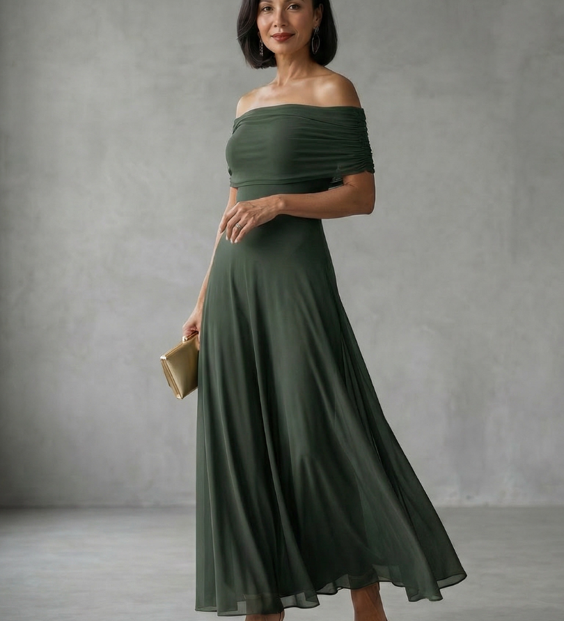 JUNI | OFF-SHOULDER DRAPED MIDI DRESS