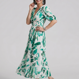 CANDLIA | PUFF SLEEVE V-NECK ABSTRACT PRINT MIDI DRESS