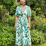 CANDLIA | PUFF SLEEVE V-NECK ABSTRACT PRINT MIDI DRESS
