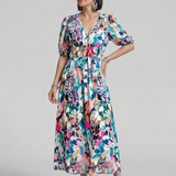 CANDLIA | PUFF SLEEVE V-NECK ABSTRACT PRINT MIDI DRESS