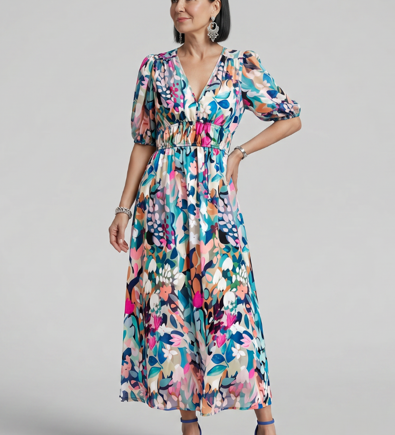 CANDLIA | PUFF SLEEVE V-NECK ABSTRACT PRINT MIDI DRESS