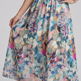 CANDLIA | PUFF SLEEVE V-NECK ABSTRACT PRINT MIDI DRESS