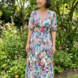 CANDLIA | PUFF SLEEVE V-NECK ABSTRACT PRINT MIDI DRESS