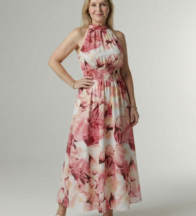 SYLIN | GATHERED HALTER MIDI DRESS