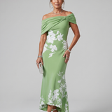 COSMA | OFF-SHOULDER DRAPED MIDI DRESS