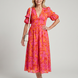 ZARELLE | PUFF SLEEVE V-NECK BOLD FLORAL MIDI DRESS