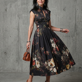 GRETA | HIGH-NECK KEYHOLE PLEATED FLORAL MIDI DRESS