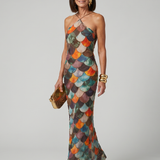 LARKIN | FITTED MULTICOLOUR SCALE PRINT MAXI DRESS