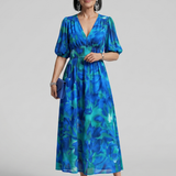 CANDLIA | PUFF SLEEVE V-NECK ABSTRACT PRINT MIDI DRESS