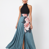 OLYMPAS | HALTER BODICE FLORAL MAXI DRESS