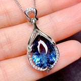 NECKLACE TEARDROP STONE BLUE IRIDESCENT PAVÉ PENDANT | SILVER JEWELLERY