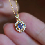 NECKLACE SAPPHIRE BLUE HALO TWO-TONE VINTAGE PENDANT | GOLD JEWELLERY