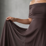 JUNI | OFF-SHOULDER DRAPED MIDI DRESS