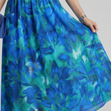 CANDLIA | PUFF SLEEVE V-NECK ABSTRACT PRINT MIDI DRESS