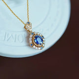 NECKLACE SAPPHIRE BLUE HALO TWO-TONE VINTAGE PENDANT | GOLD JEWELLERY