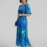 CANDLIA | PUFF SLEEVE V-NECK ABSTRACT PRINT MIDI DRESS