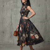 GRETA | HIGH-NECK KEYHOLE PLEATED FLORAL MIDI DRESS