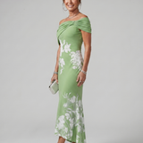 COSMA | OFF-SHOULDER DRAPED MIDI DRESS
