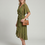 KEZIAH | SHORT SLEEVE FLOWING HEM MIDI DRESS