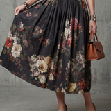 GRETA | HIGH-NECK KEYHOLE PLEATED FLORAL MIDI DRESS