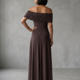 JUNI | OFF-SHOULDER DRAPED MIDI DRESS