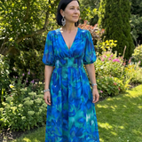 CANDLIA | PUFF SLEEVE V-NECK ABSTRACT PRINT MIDI DRESS