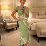 COSMA | OFF-SHOULDER DRAPED MIDI DRESS