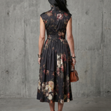 GRETA | HIGH-NECK KEYHOLE PLEATED FLORAL MIDI DRESS