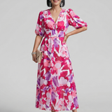 CANDLIA | PUFF SLEEVE V-NECK ABSTRACT PRINT MIDI DRESS