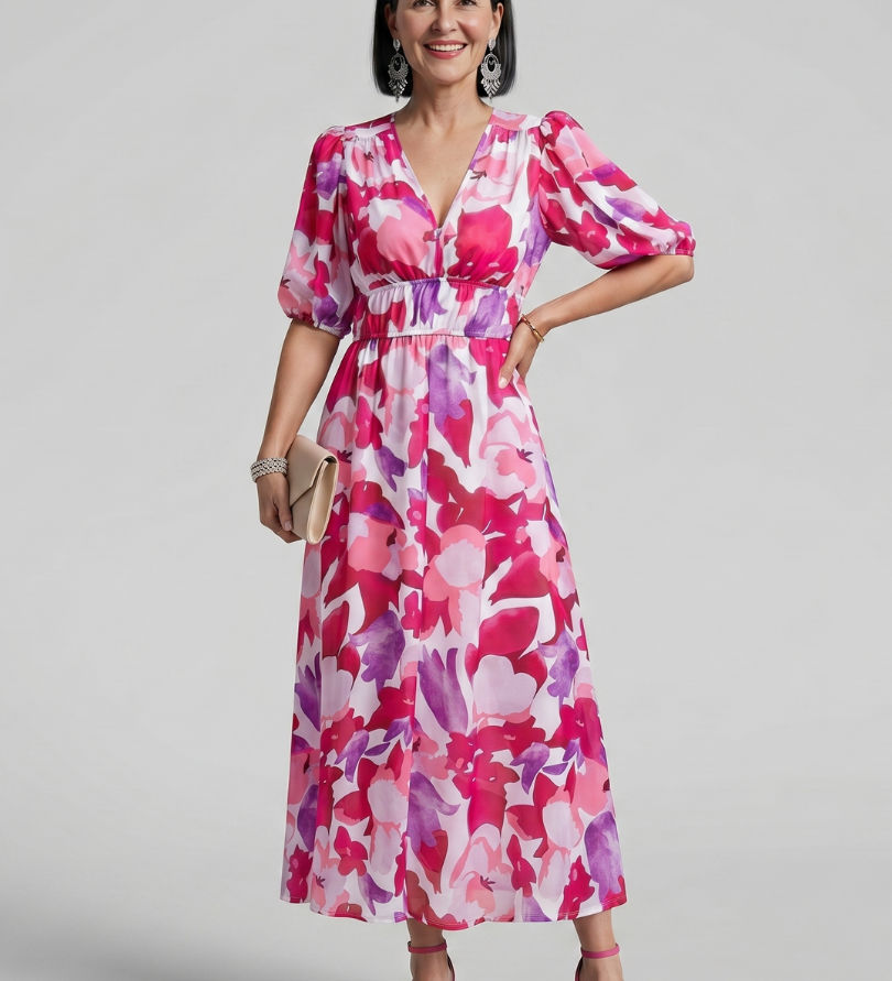CANDLIA | PUFF SLEEVE V-NECK ABSTRACT PRINT MIDI DRESS