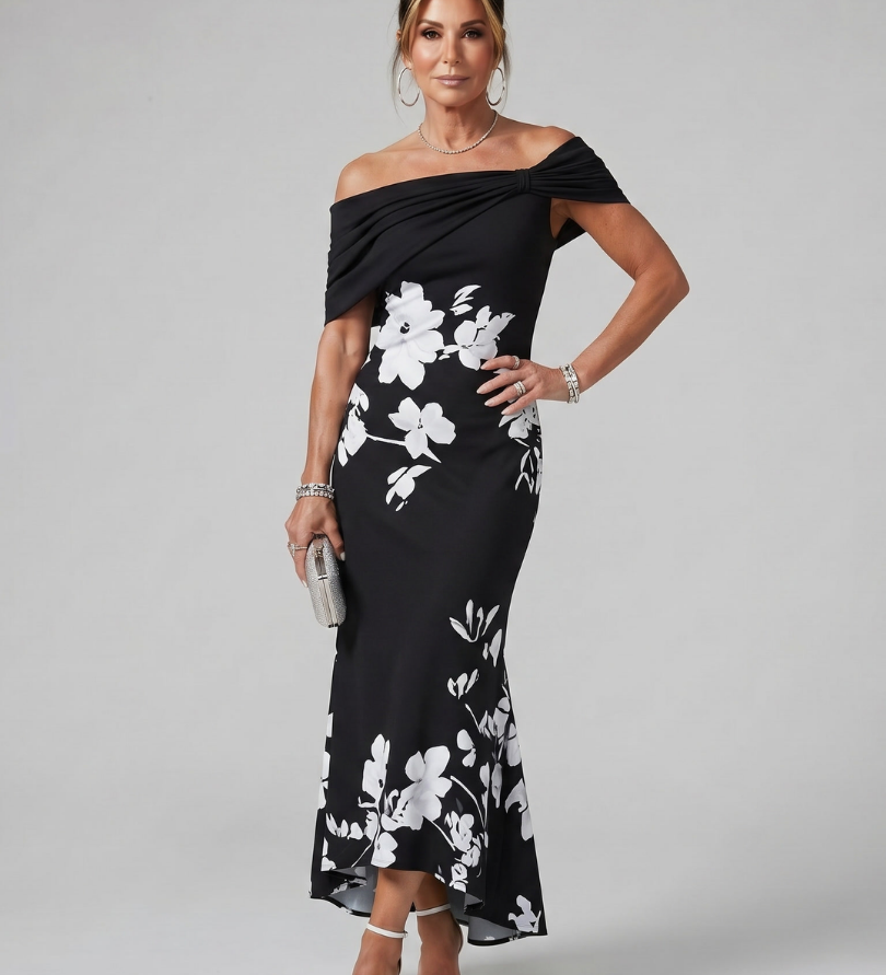 COSMA | OFF-SHOULDER DRAPED MIDI DRESS