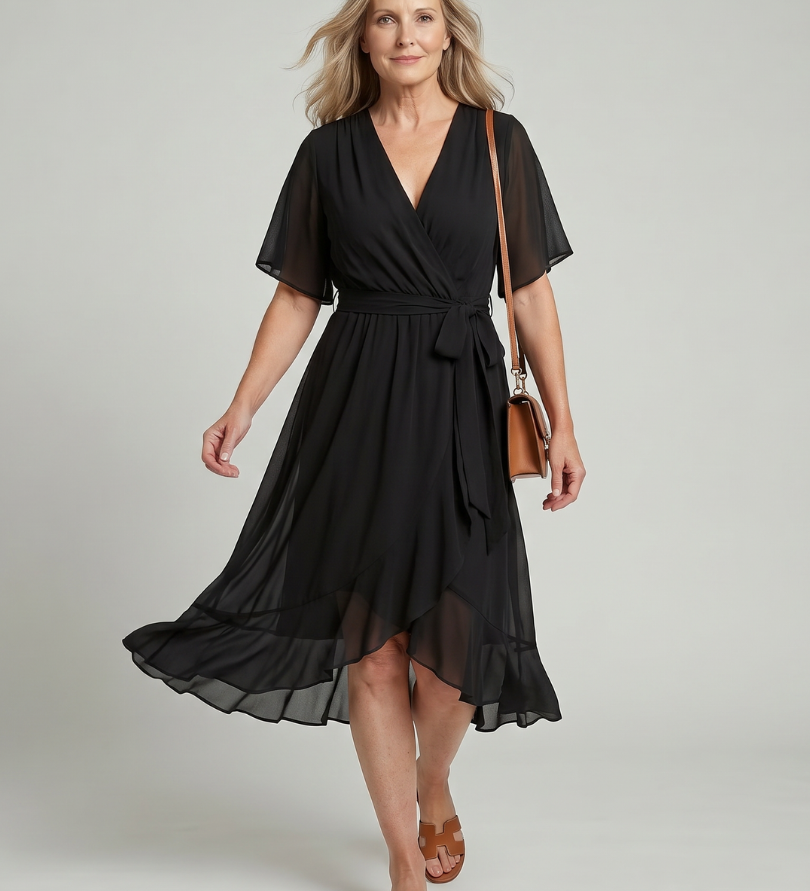 KEZIAH | SHORT SLEEVE FLOWING HEM MIDI DRESS