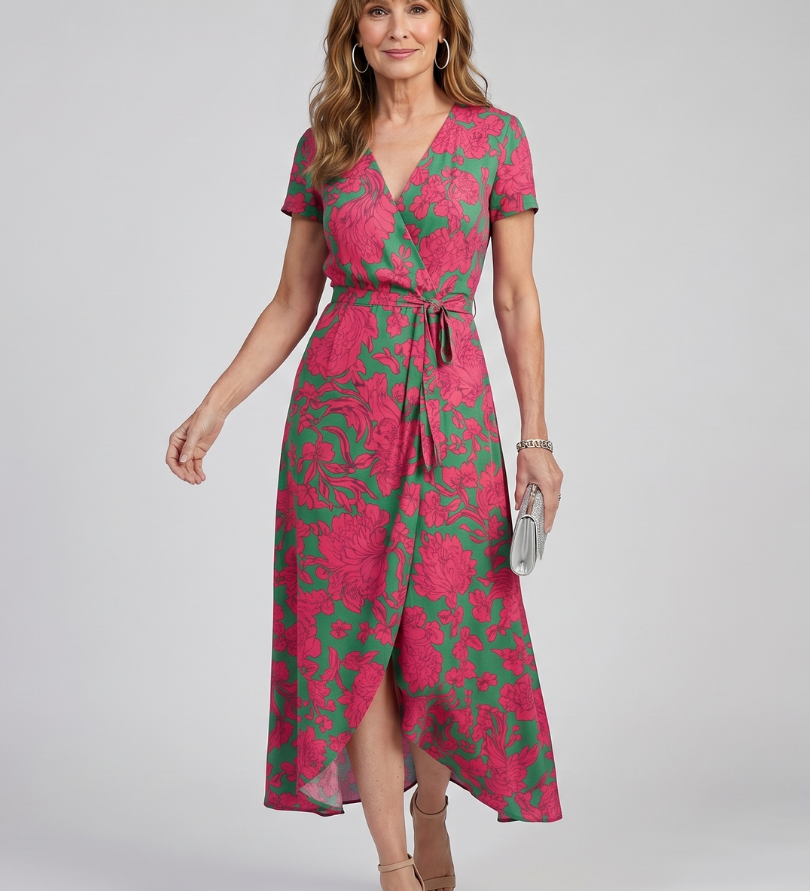 PRIYA | SHORT-SLEEVE FLORAL WRAP MIDI DRESS