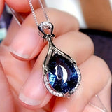 NECKLACE TEARDROP STONE BLUE IRIDESCENT PAVÉ PENDANT | SILVER JEWELLERY