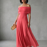 JUNI | OFF-SHOULDER DRAPED MIDI DRESS