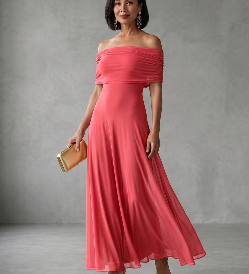 JUNI | OFF-SHOULDER DRAPED MIDI DRESS
