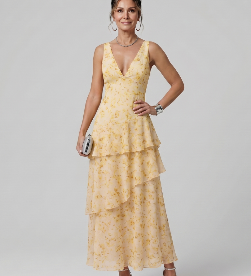 GALA | DEEP V-NECK SLEEVELESS PRINT MIDI DRESS