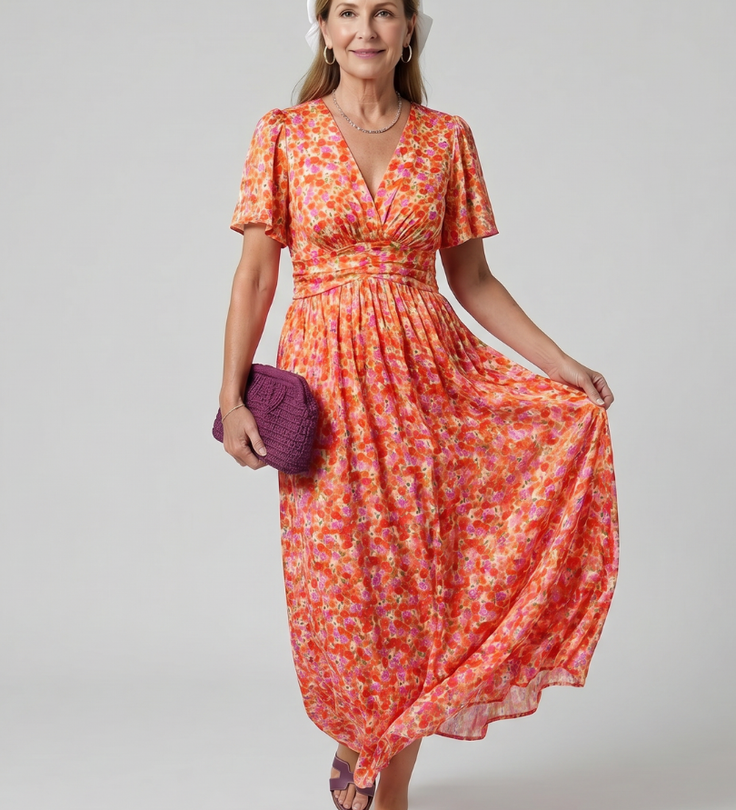 JUNA | SHORT SLEEVE DITSY FLORAL MIDI DRESS