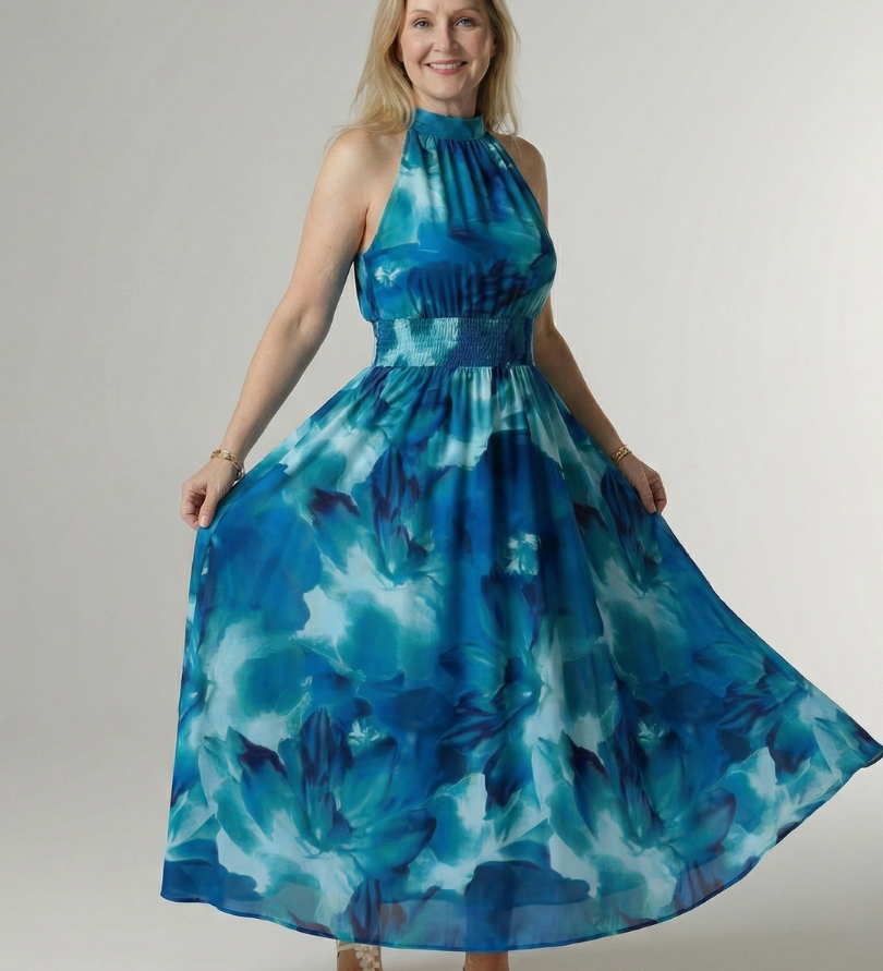 SYLIN | GATHERED HALTER MIDI DRESS