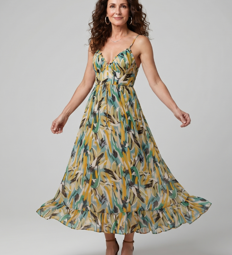 QUILL | SPAGHETTI STRAP ABSTRACT PRINT MIDI DRESS