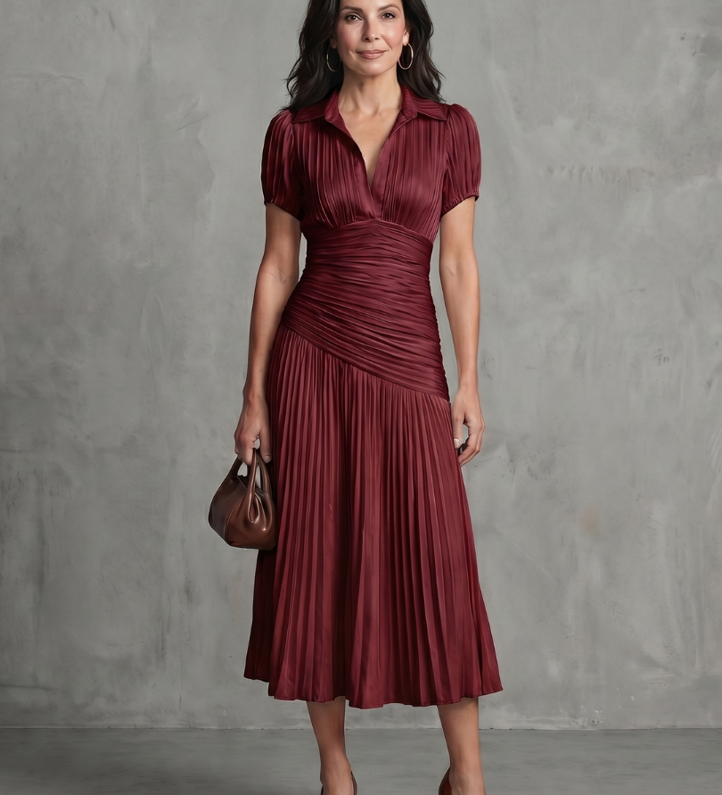 THEODORA | PLEATED STRIPE WAIST MIDI DRESS