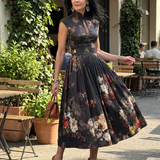 GRETA | HIGH-NECK KEYHOLE PLEATED FLORAL MIDI DRESS