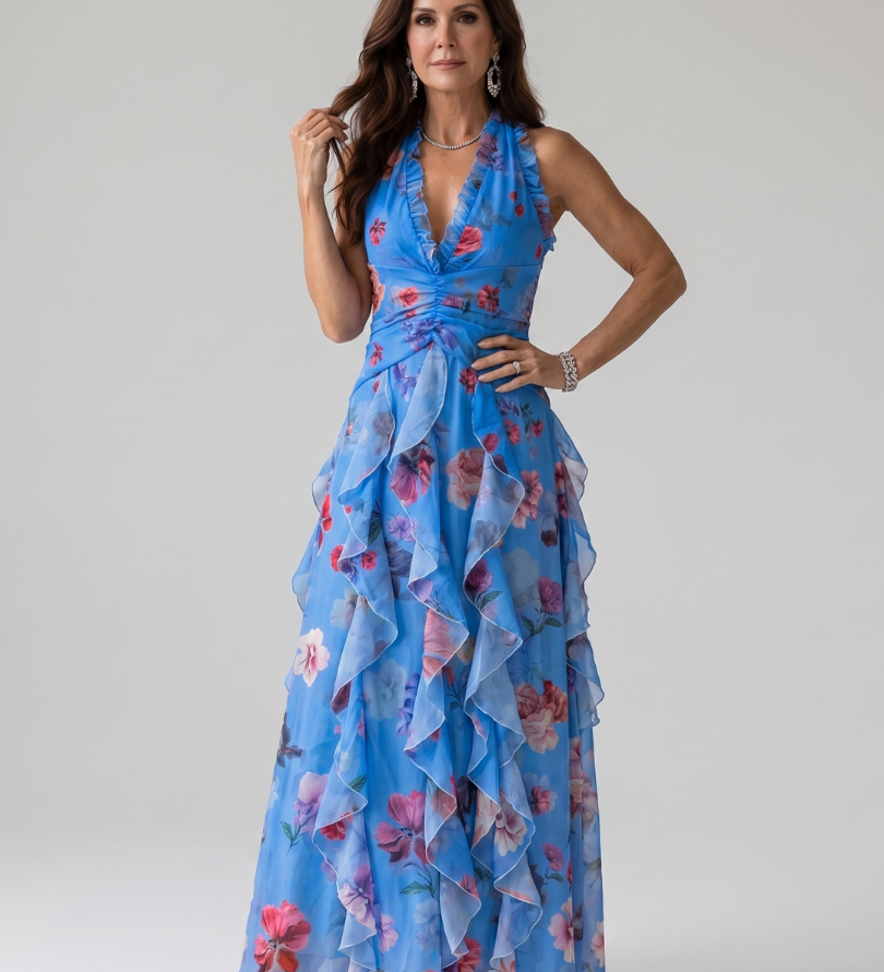 NORI | HALTERNECK RUFFLE FLORAL MAXI DRESS