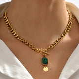 NECKLACE CHUNKY CHAIN EMERALD PENDANT | GOLD JEWELLERY
