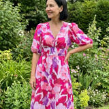CANDLIA | PUFF SLEEVE V-NECK ABSTRACT PRINT MIDI DRESS
