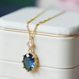 NECKLACE TOPAZ BLUE OVAL CROWN VINTAGE PENDANT | GOLD JEWELLERY