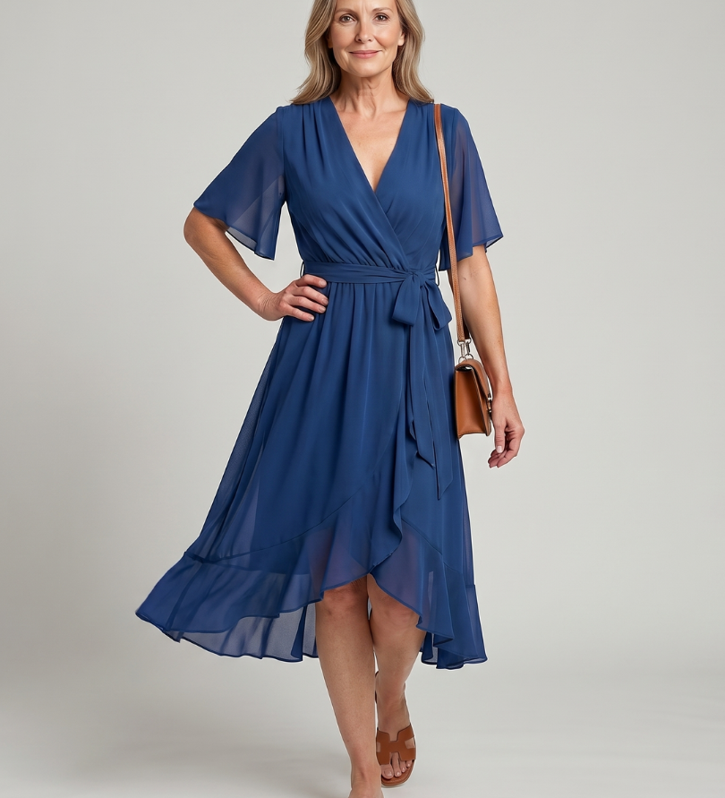 KEZIAH | SHORT SLEEVE FLOWING HEM MIDI DRESS