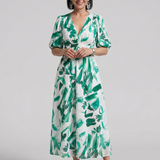 CANDLIA | PUFF SLEEVE V-NECK ABSTRACT PRINT MIDI DRESS